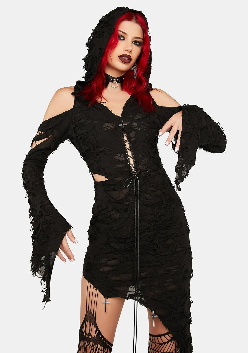 Dark In Love Lace Asymmetric Hood Dress - Black Dolls Kill Dark In Love Lace Asymmetric Hood Dress - Black Dolls Kill