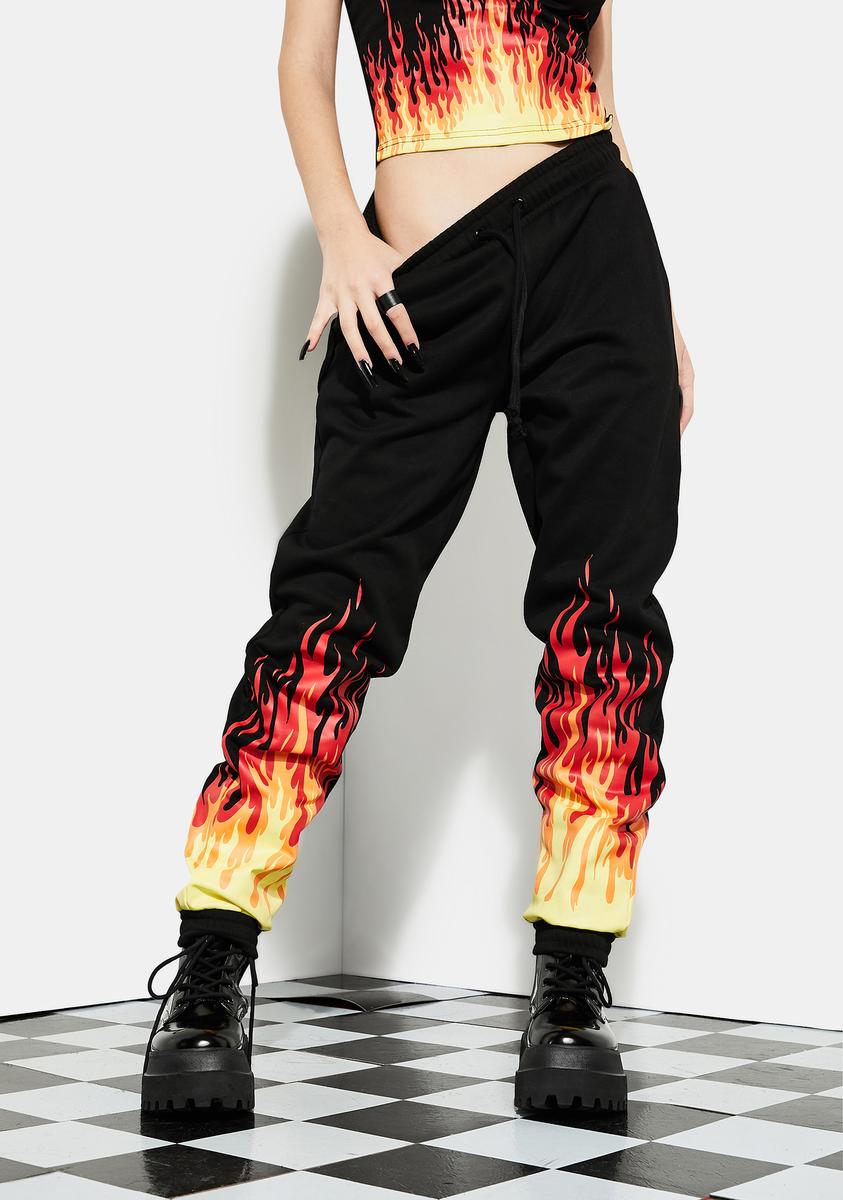 Current Mood Flame Print High Rise Jogger Sweatpants - Black – Dolls Kill