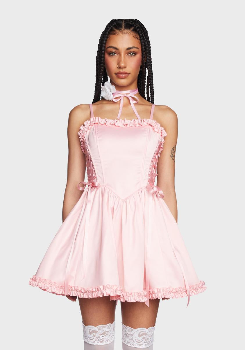 Sugar Thrillz Satin Ruffle Corset Mini Dress - Light Pink