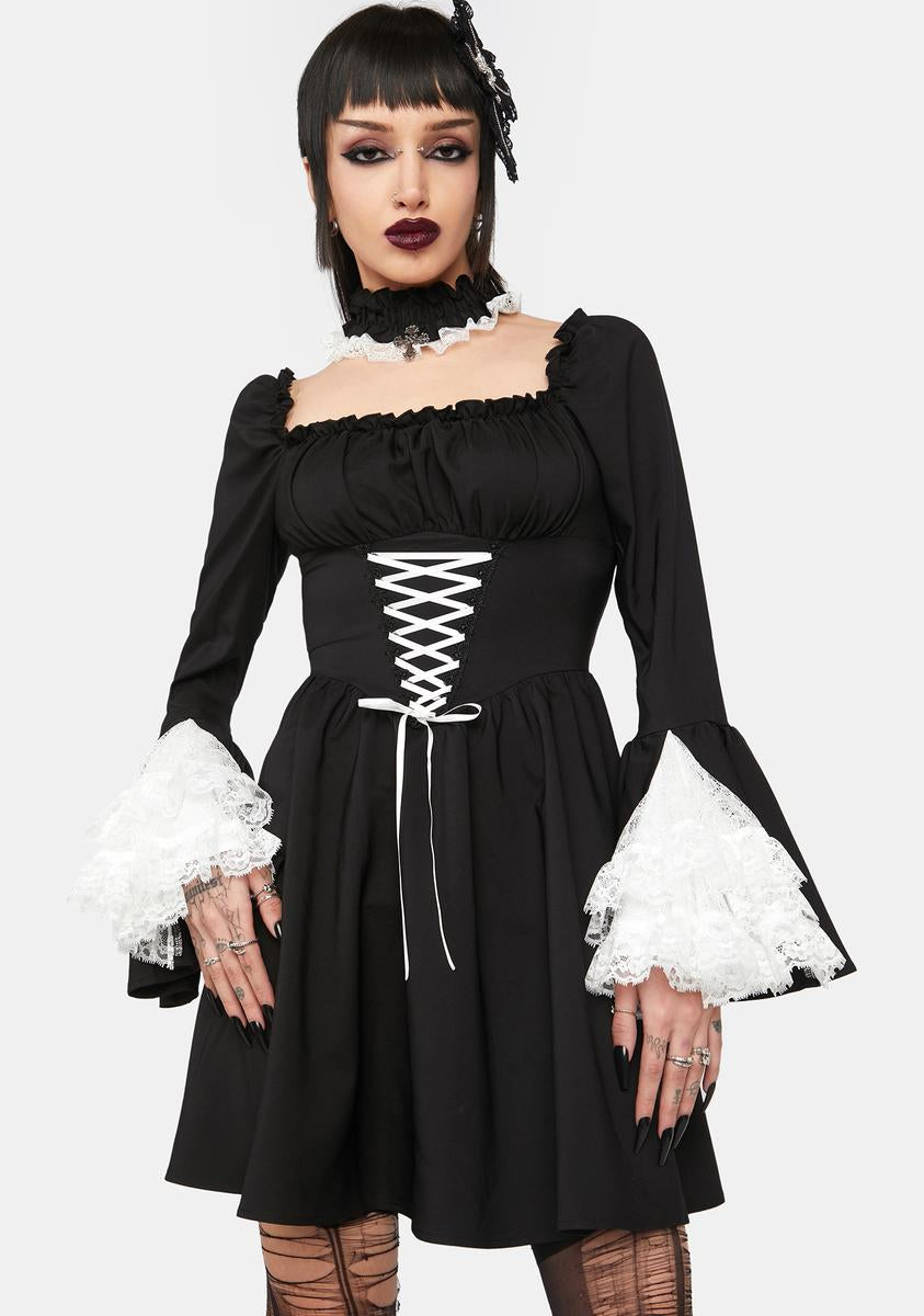 Dark In Love Witchy Lace Up Mini Dress - Black/White Dolls Kill Dark In Love Witchy Lace Up Mini Dress - Black/White Dolls Kill
