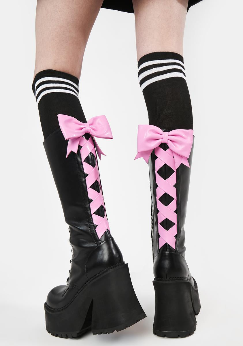 The Grave Girls Bow Lace Up Knee High Boots - Black/Pink