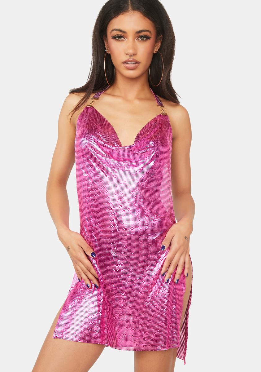 Chainmail Cowl Neck Open Back Mini Dress - Pink Dolls Kill Chainmail Cowl Neck Open Back Mini Dress - Pink Dolls Kill