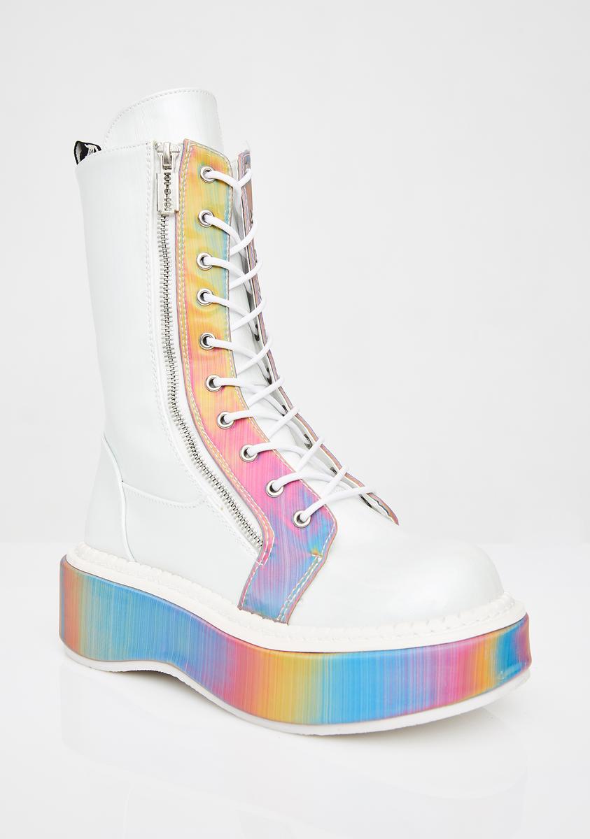Demonia Light Up Rainbow Platform Combat Boots White – Dolls Kill