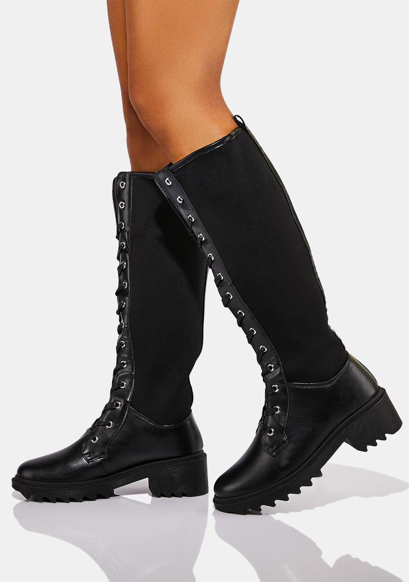 Lace Up Mixed Suede Vegan Leather Knee High Boots - Black – Dolls Kill