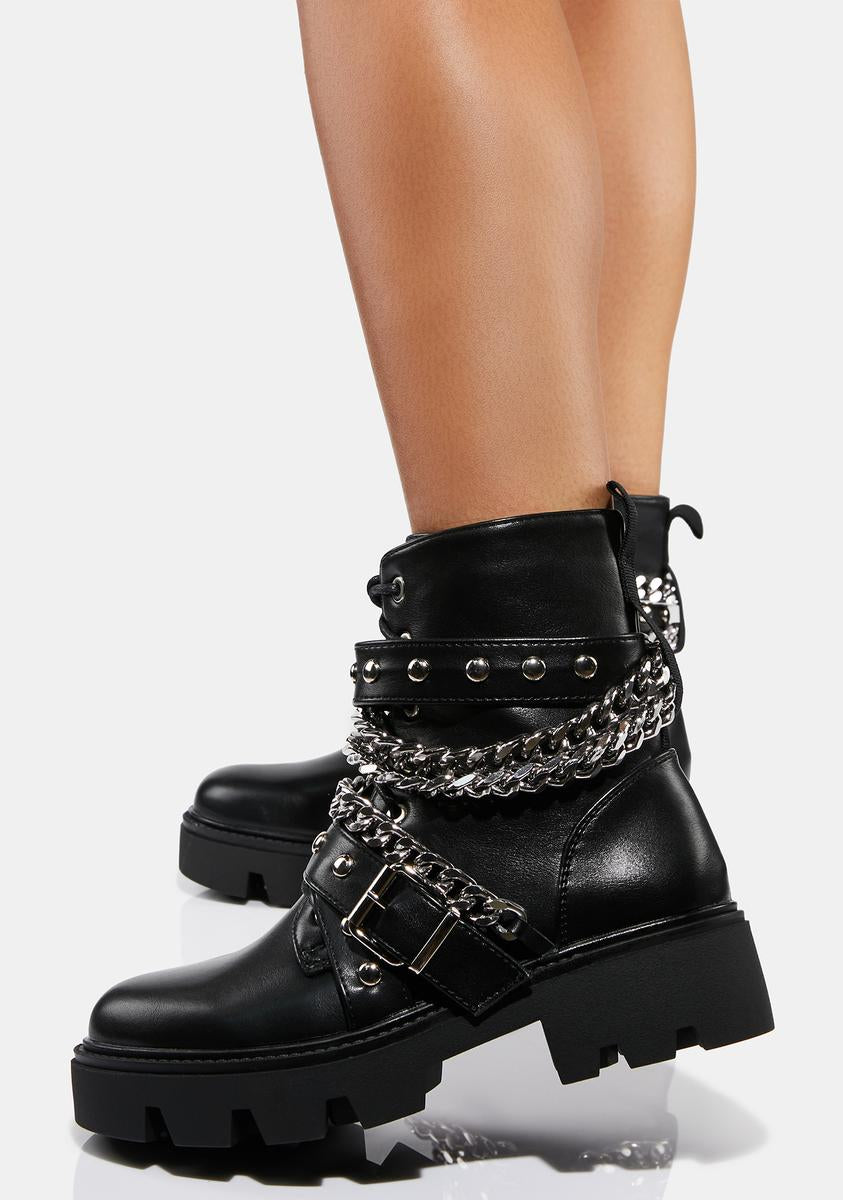 Vegan Leather Chain Ankle Boots - Black