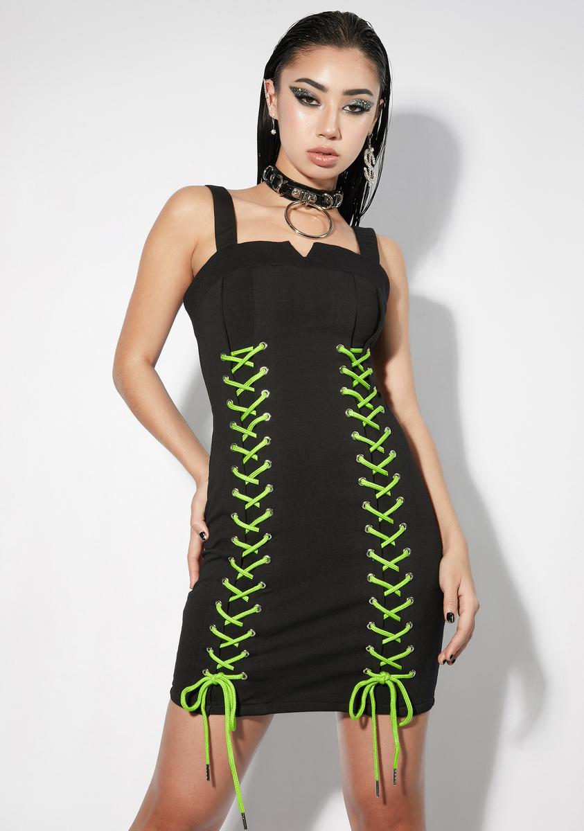 Lace Up Bodycon Tank Dress - Black/Green Lace Up Bodycon Tank Dress - Black/Green