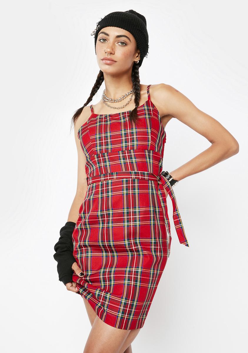 A Line Tie Waist Plaid Mini Dress