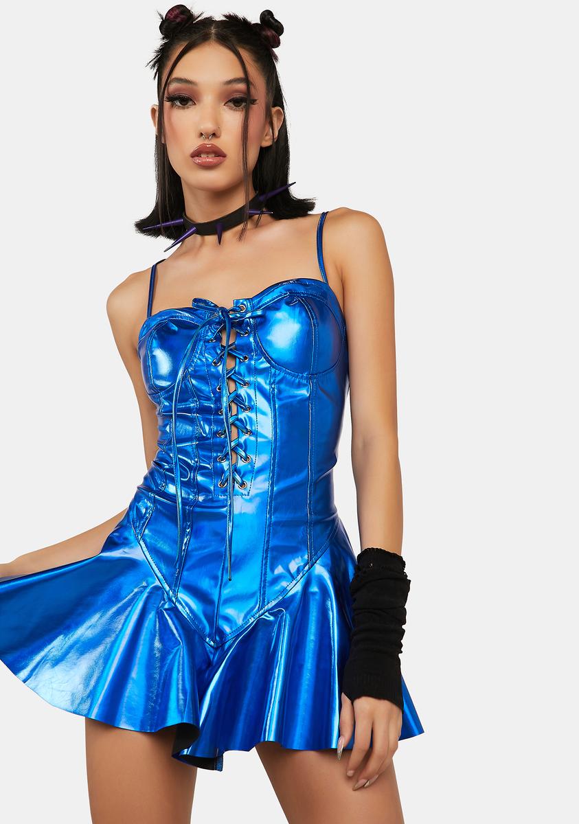 Holographic Corset Lace Up Mini Dress - Blue Dolls Kill Holographic Corset Lace Up Mini Dress - Blue Dolls Kill