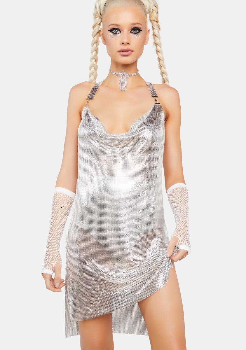 Chainmail Cowl Neck Open Back Mini Dress - Silver Dolls Kill Chainmail Cowl Neck Open Back Mini Dress - Silver Dolls Kill