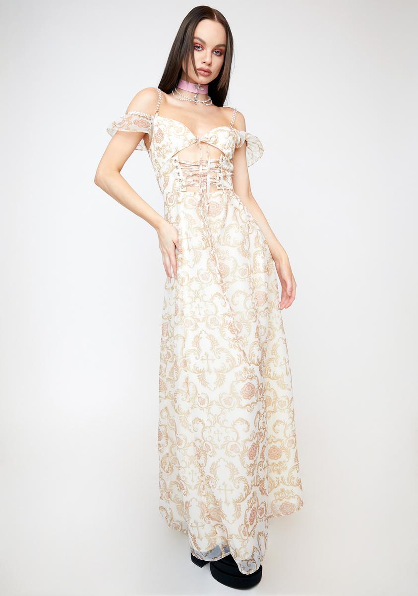 upscale maxi dresses Sugar Thrillz Baroque Print Lace Up Maxi Dress