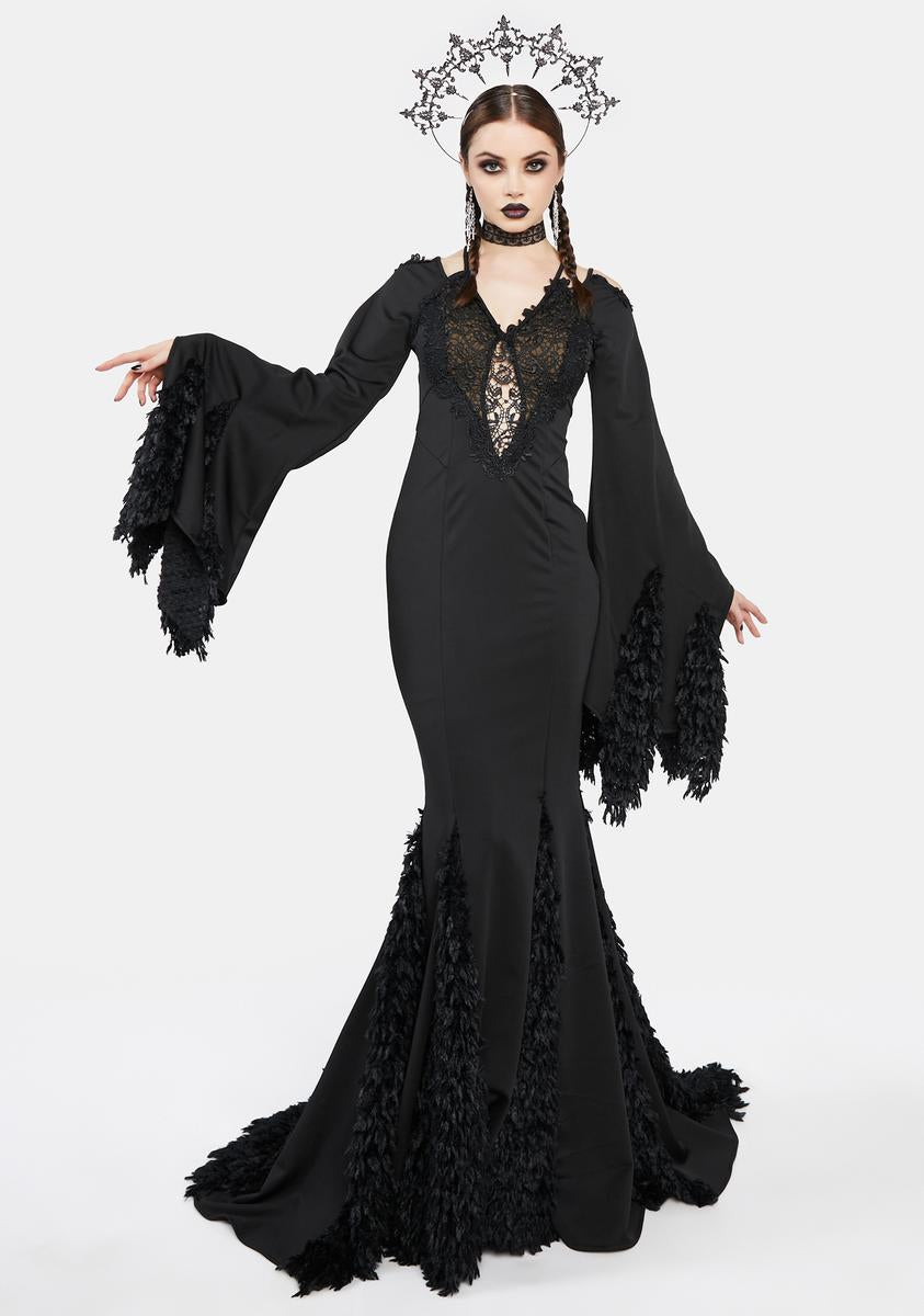 Red Night Gothic Faux Feather Lace Maxi Mermaid Dress Black Dolls Kill