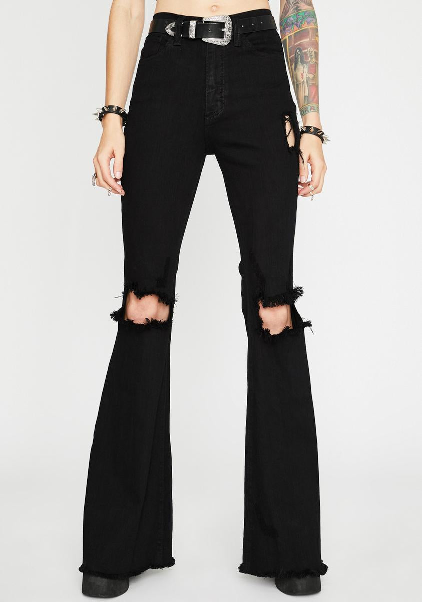 Kiki Riki Denim Ripped Knee Flare Jeans Black – Dolls Kill