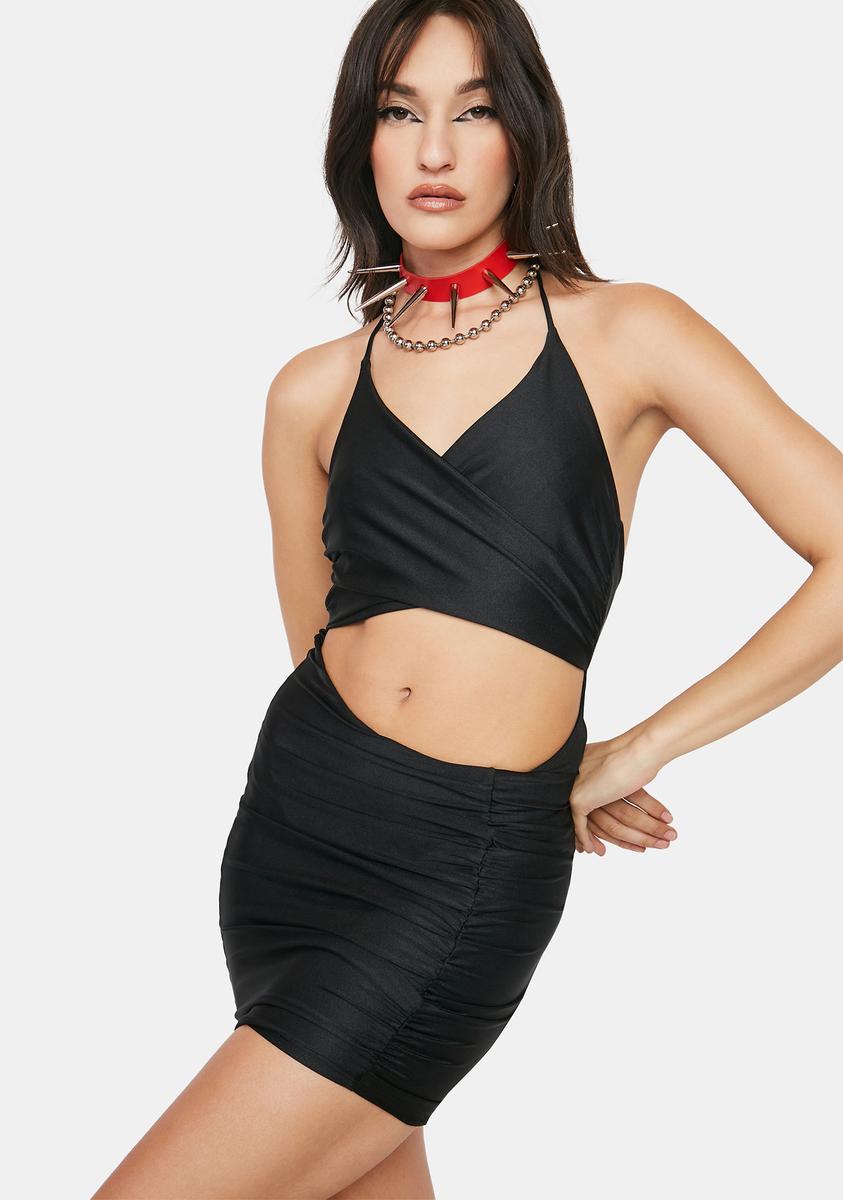Wrap Halter Neck Stomach Cutout Satin Mini Dress – Dolls Kill