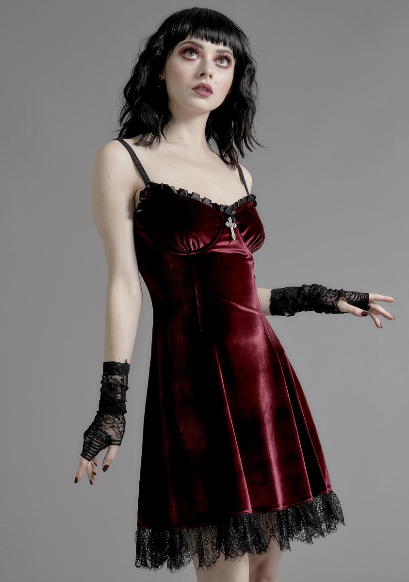 Widow Velvet Cross Charm Lace Trim Mini Dress - Wine Red Dolls Kill Widow Velvet Cross Charm Lace Trim Mini Dress - Wine Red Dolls Kill