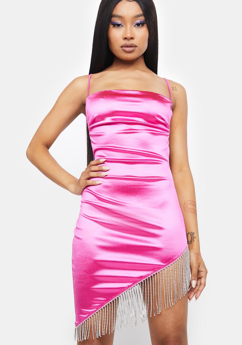 pink dress with rhinestone fringe Sleeveless Pink Asymmetrical High Slit Rhinestone Fringe Bodycon Dress Size S