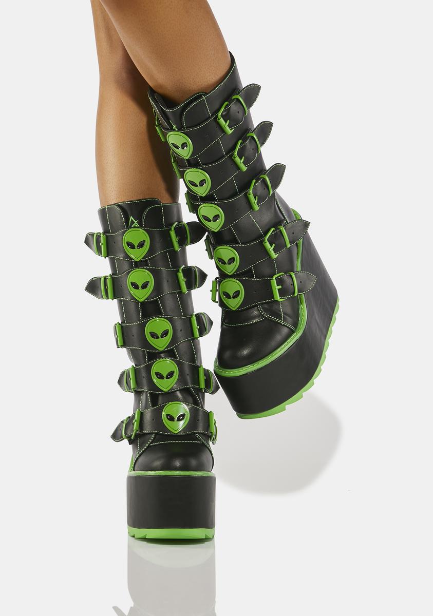 YRU Alien Buckle Platform Boots Black/Green Dolls Kill