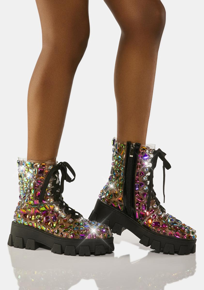 AZALEA WANG Satin Rhinestone Pearl Platform Boots - Black – Dolls Kill