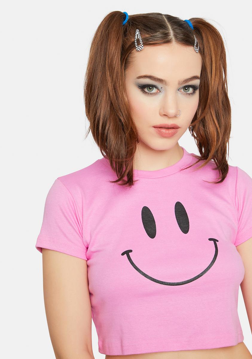 Smiley Face Cropped Tee Shirt Pink – Dolls Kill