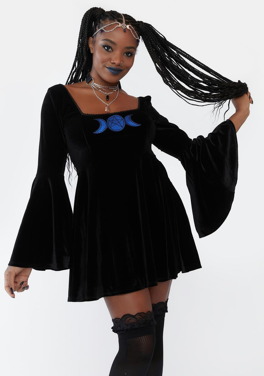 The Grave Girls Embroidered Bell Sleeve Velvet Dress - Black/Blue Dolls Kill The Grave Girls Embroidered Bell Sleeve Velvet Dress - Black/Blue Dolls Kill