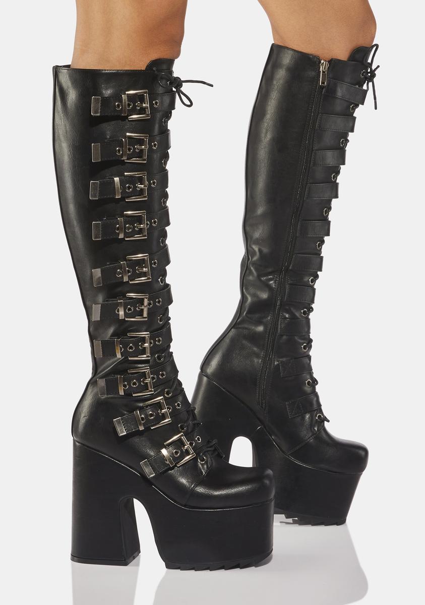 Knee High Buckle Boots Black Knee-High Flat Boots With Buckles