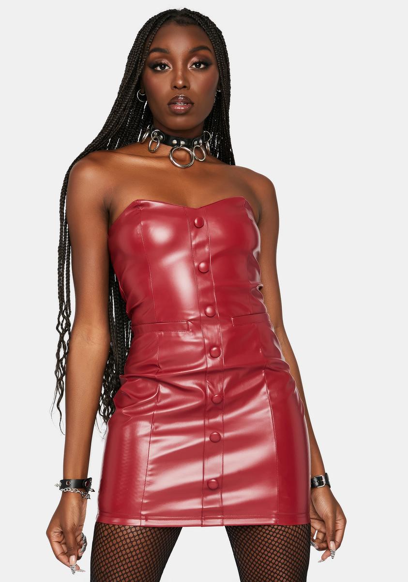 Faux Leather Button Closure Mini Dress - Red Dolls Kill Faux Leather Button Closure Mini Dress - Red Dolls Kill