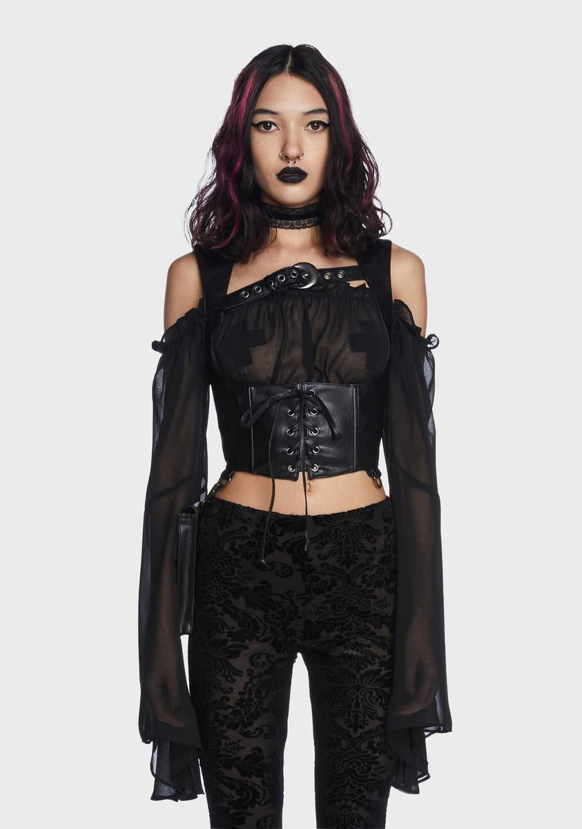 Widow Vegan Leather Lace Up Underbust Corset With Removable Pouch - Black