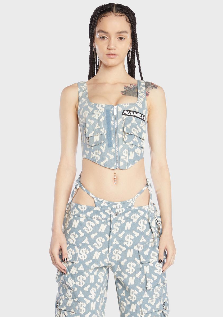 Namilia Dick Dollar Print Denim Corset Top Blue Dolls Kill