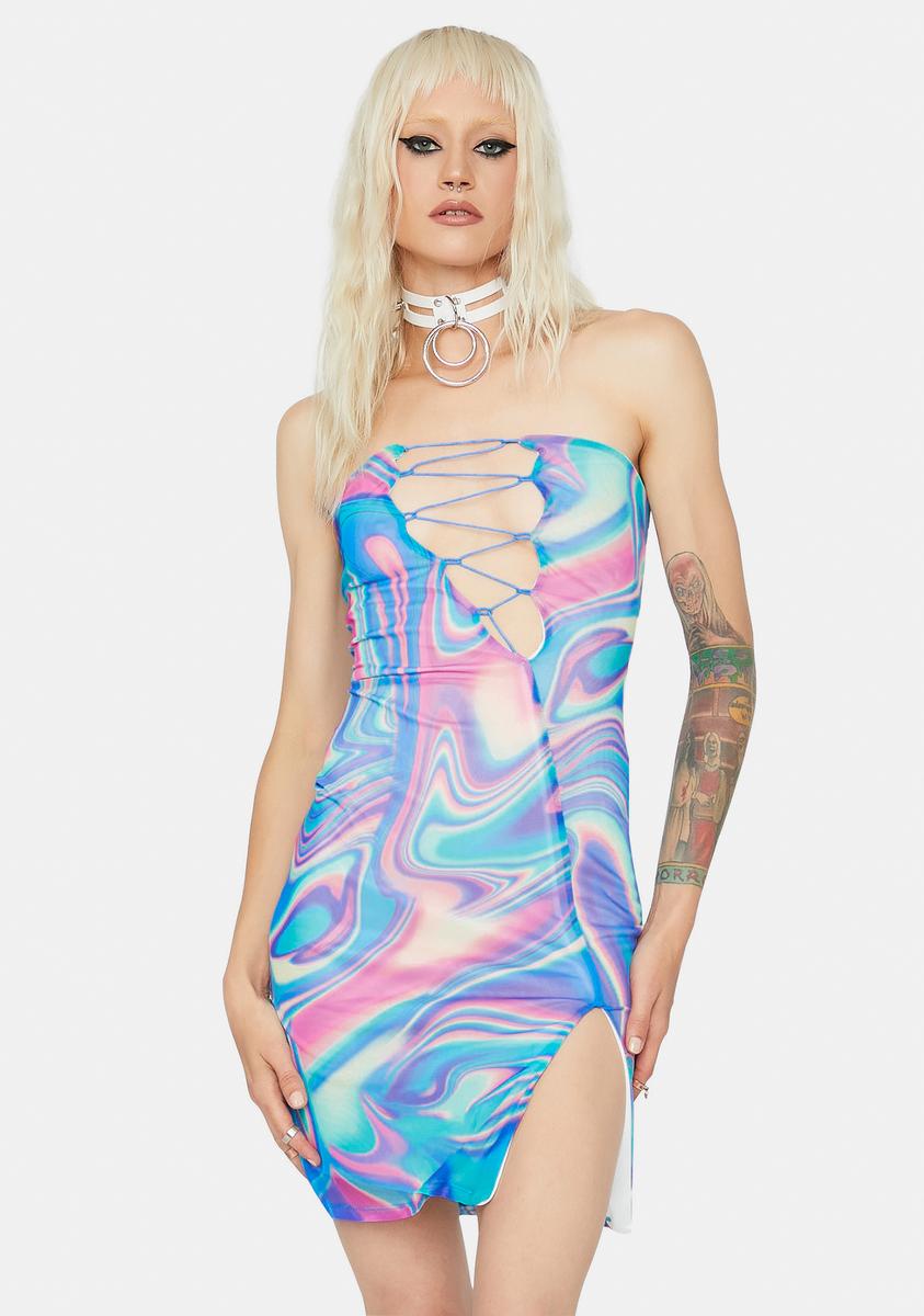 Spiral Lace Up Strapless Bodycon Dress - Rainbow Dolls Kill Spiral Lace Up Strapless Bodycon Dress - Rainbow Dolls Kill