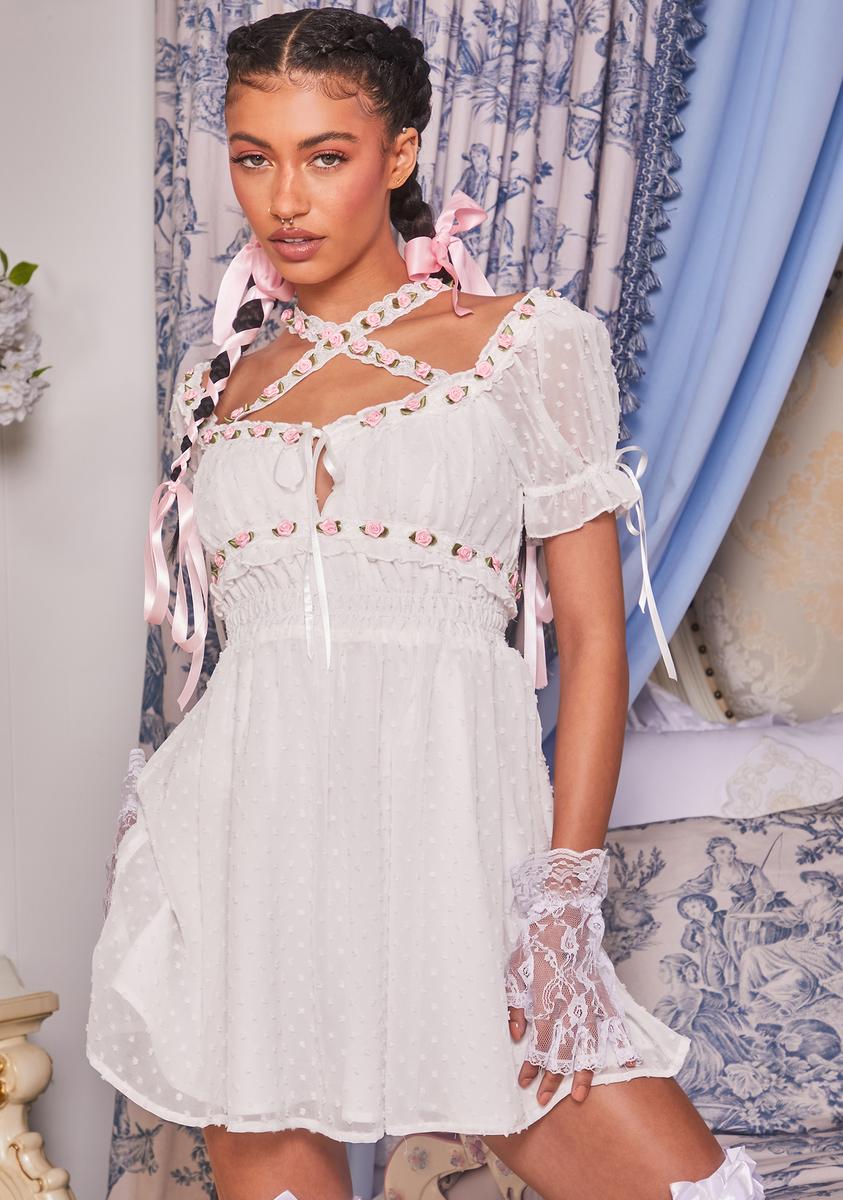 Sugar Thrillz Dotted lace Rosebud Mini Dress - White Sugar Thrillz Dotted lace Rosebud Mini Dress - White