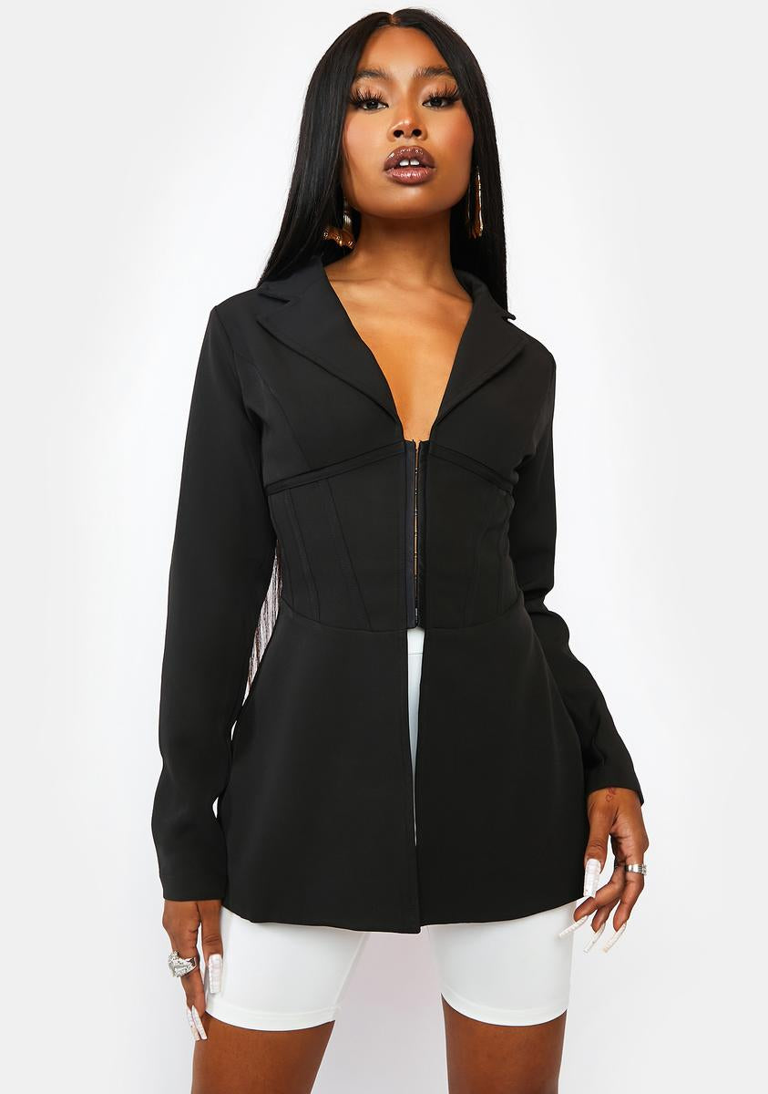 Fitted Corset Waist Zip Up Blazer - Black Dolls Kill Fitted Corset Waist Zip Up Blazer - Black Dolls Kill
