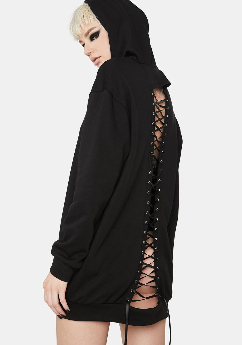 Open Back Lace Up Hoodie Dress - Black Open Back Lace Up Hoodie Dress - Black