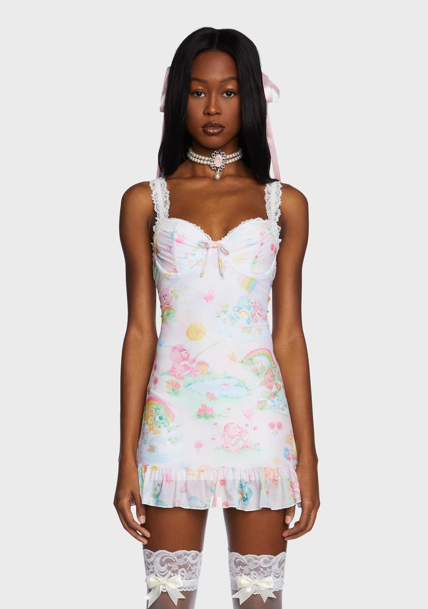 Dolls Kill x Care Bears Watercolor Rainbow Graphic Bodycon Dress - White Dolls Kill x Care Bears Watercolor Rainbow Graphic Bodycon Dress - White