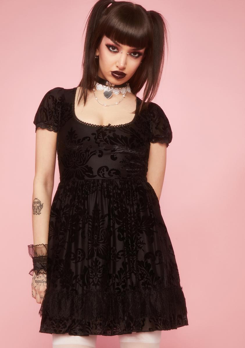 Sugar Thrillz Floral Baroque Flocked Mesh Babydoll Dress - Black  Dolls  Kill