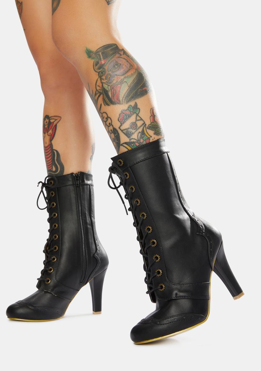 Demonia Tesla 102 Steampunk Lace Up Boots - Black Vegan Leather