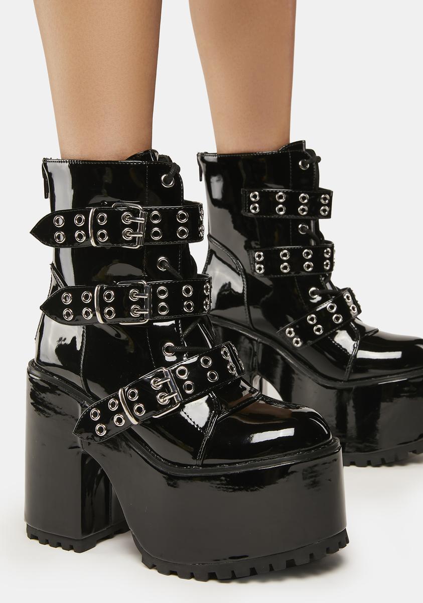 YRU Buckle Strap Heeled Platform Boots Black/Silver Dolls Kill