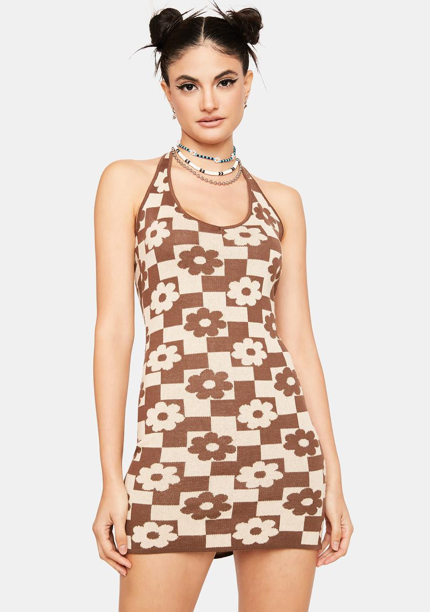 Floral Checkered Print Bodycon Halter Rave Festival Mini Dress