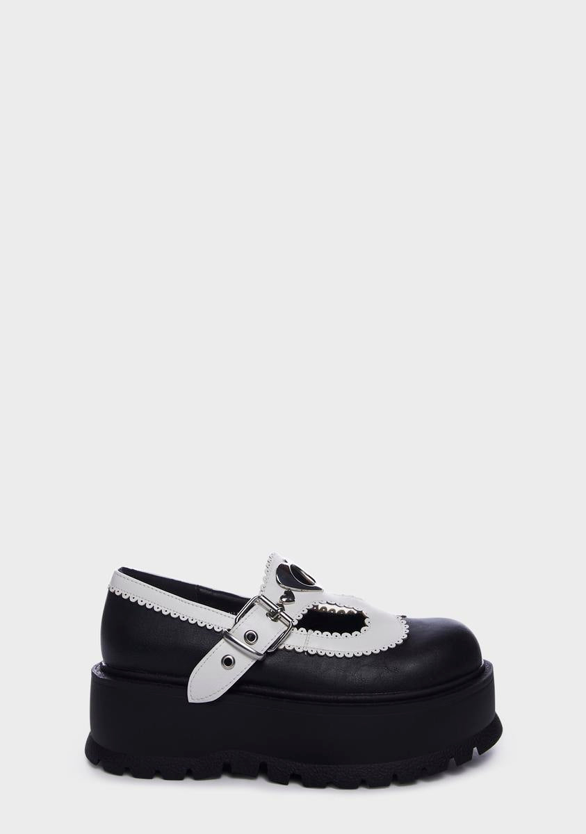 Demonia Heart Studded Vegan Leather Platform Mary Janes - Black