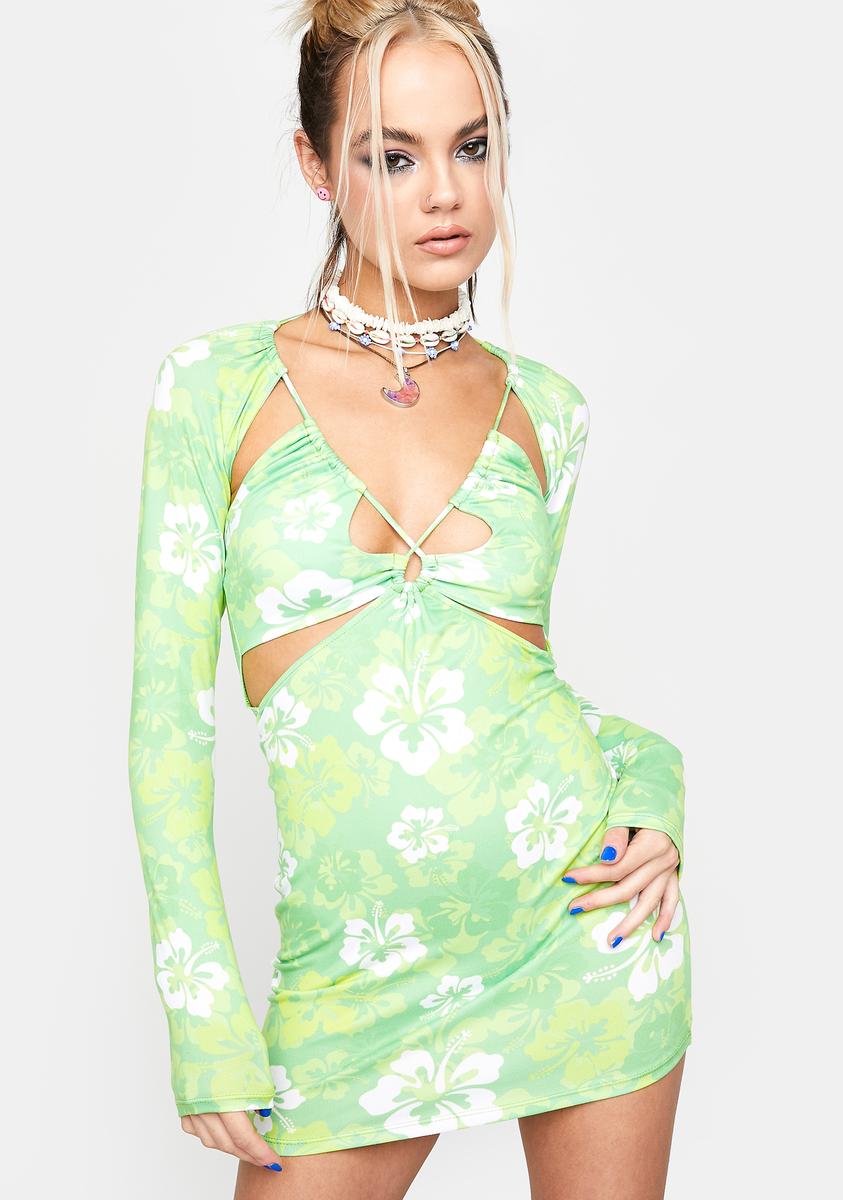 Hibiscus Floral Print Cut Out Mini Dress - Green Dolls Kill Hibiscus Floral Print Cut Out Mini Dress - Green Dolls Kill