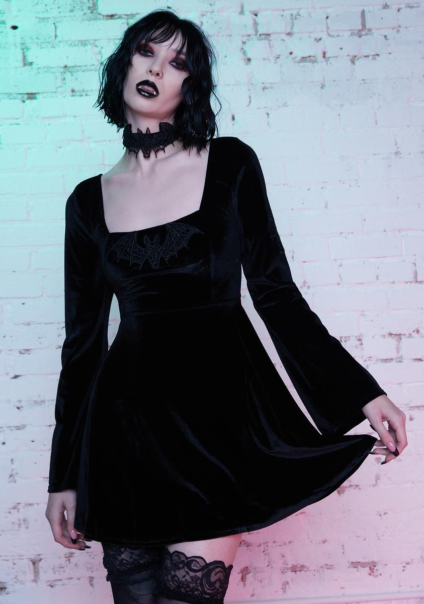 Dolls Kill X Monsters Velvet Bell Sleeve Embroidered Bat Dress - Black Dolls Kill X Monsters Velvet Bell Sleeve Embroidered Bat Dress - Black