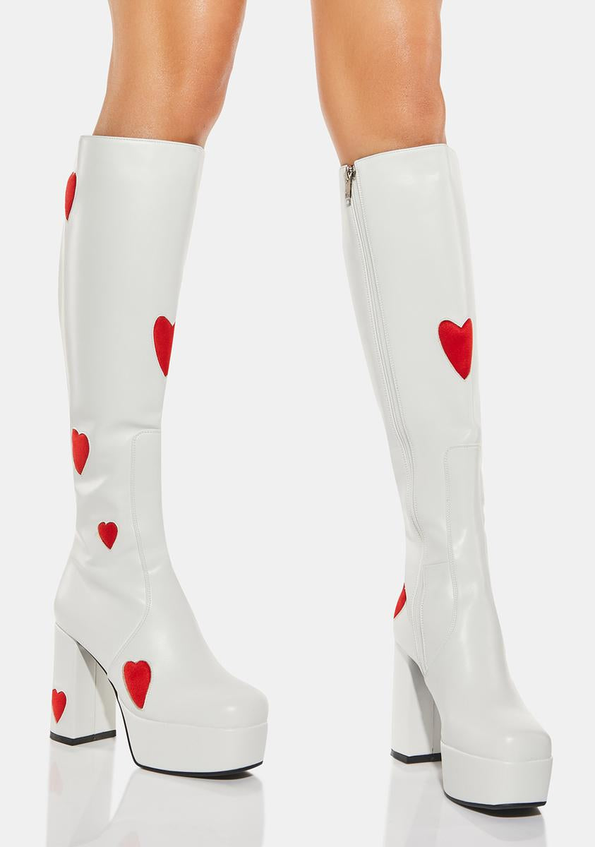 Lamoda Faux Suede Heart Platform Knee High Boots - White