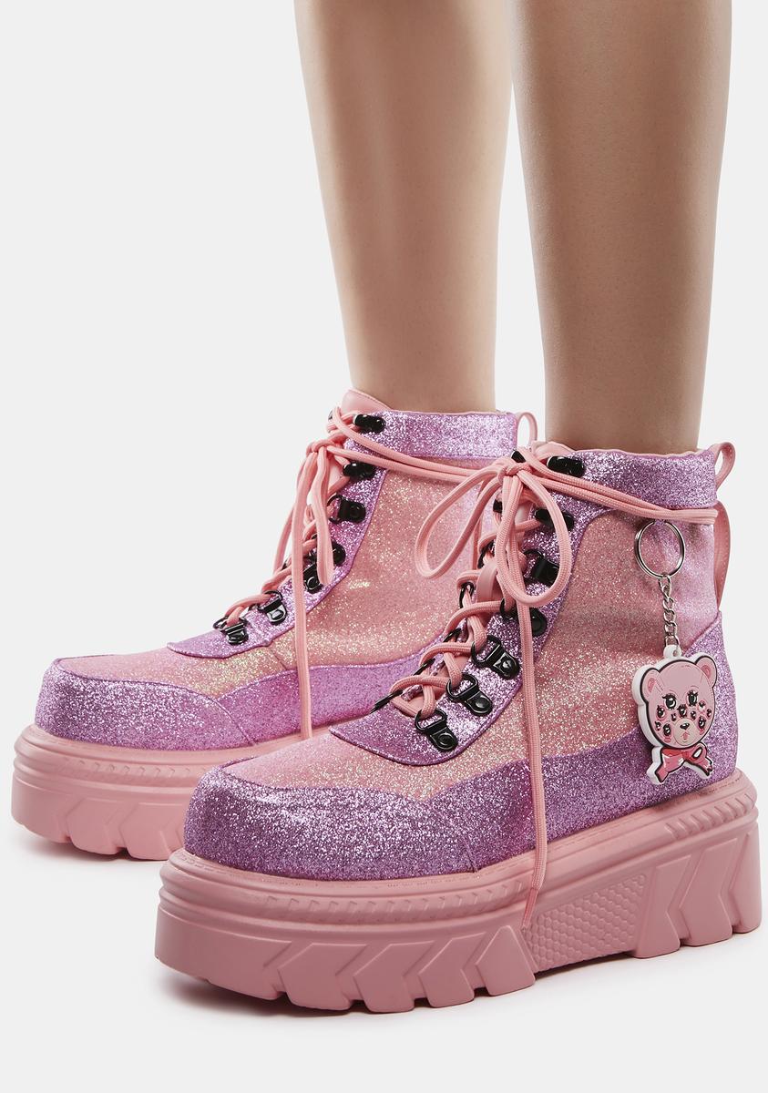 Koi Footwear Glitter Bear Charm Platform Boots Pink/Purple
