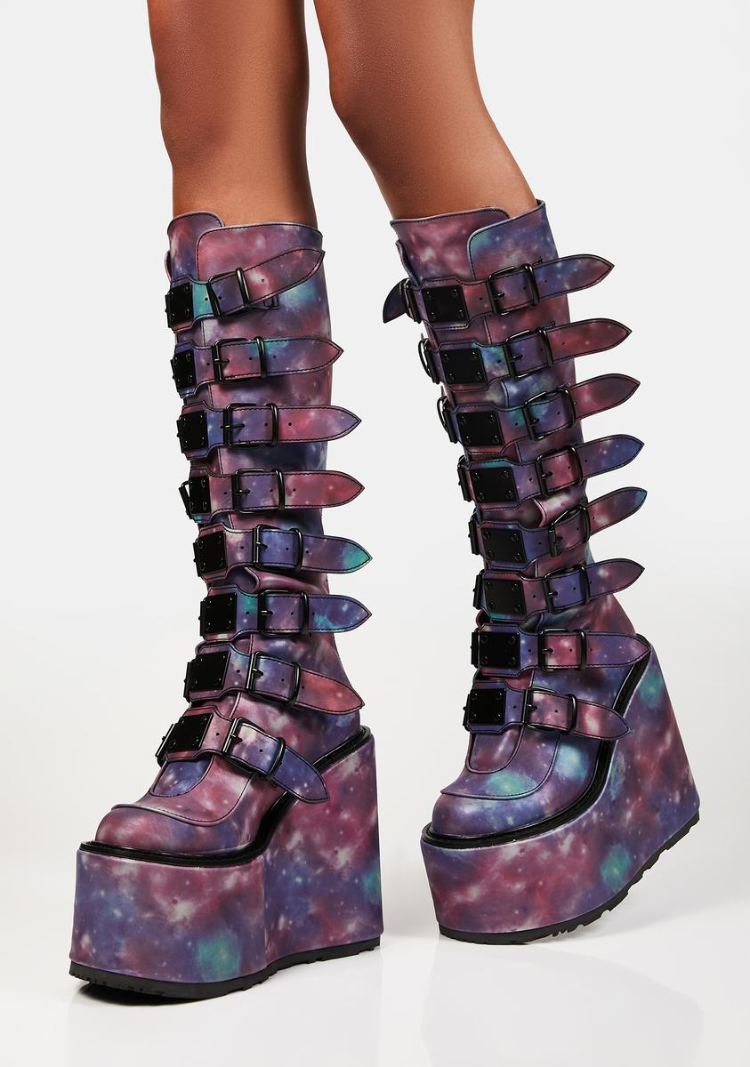 Demonia Swing 815 Knee High Buckle Boots - Blue Reflective