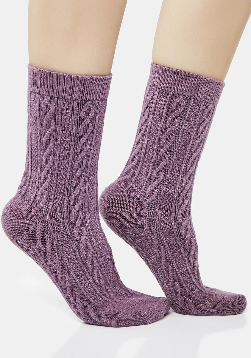 MeMoi Cable Knit Crew Socks Light Purple Dolls Kill