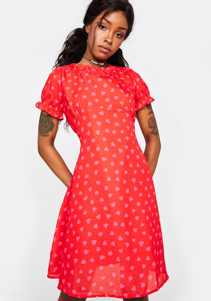 Heart Print Empire Waist Mini Dress - Red Dolls Kill Heart Print Empire Waist Mini Dress - Red Dolls Kill