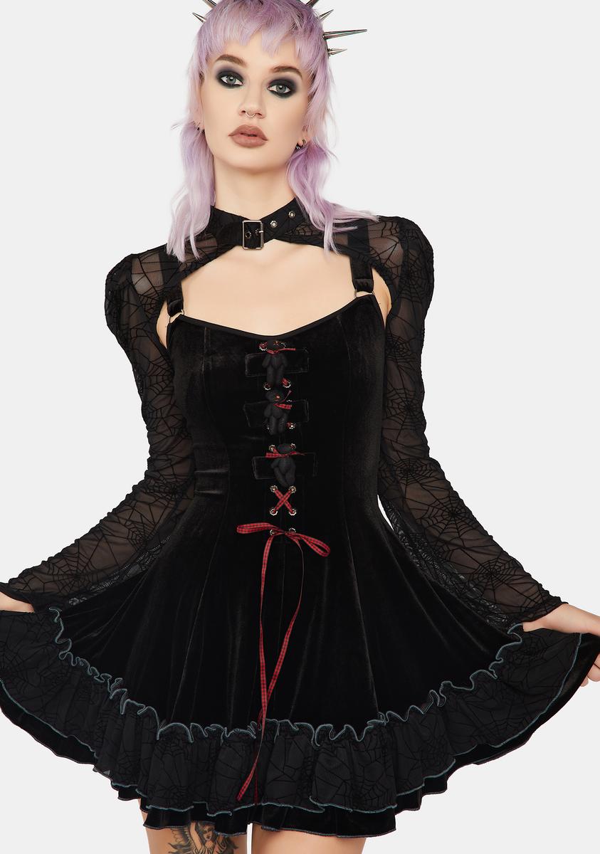 Punk Rave Velvet Mini Dress With Spider Mesh Shrug Set - Black Dolls Kill Punk Rave Velvet Mini Dress With Spider Mesh Shrug Set - Black Dolls Kill