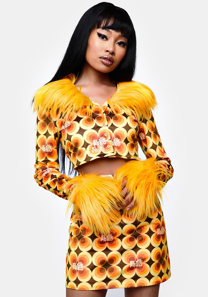 Elsie And Fred Velour Retro Printed Faux Fur Jacket Yellow