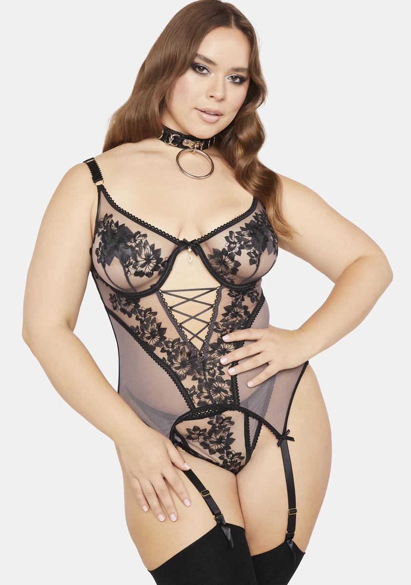 Plus Size Sheer Mesh Lace Bustier And Thong Lingerie Set - Black