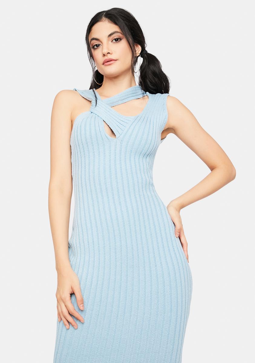 Ribbed Knit Strappy Bodycon Midi Dress - Blue Dolls Kill Ribbed Knit Strappy Bodycon Midi Dress - Blue Dolls Kill