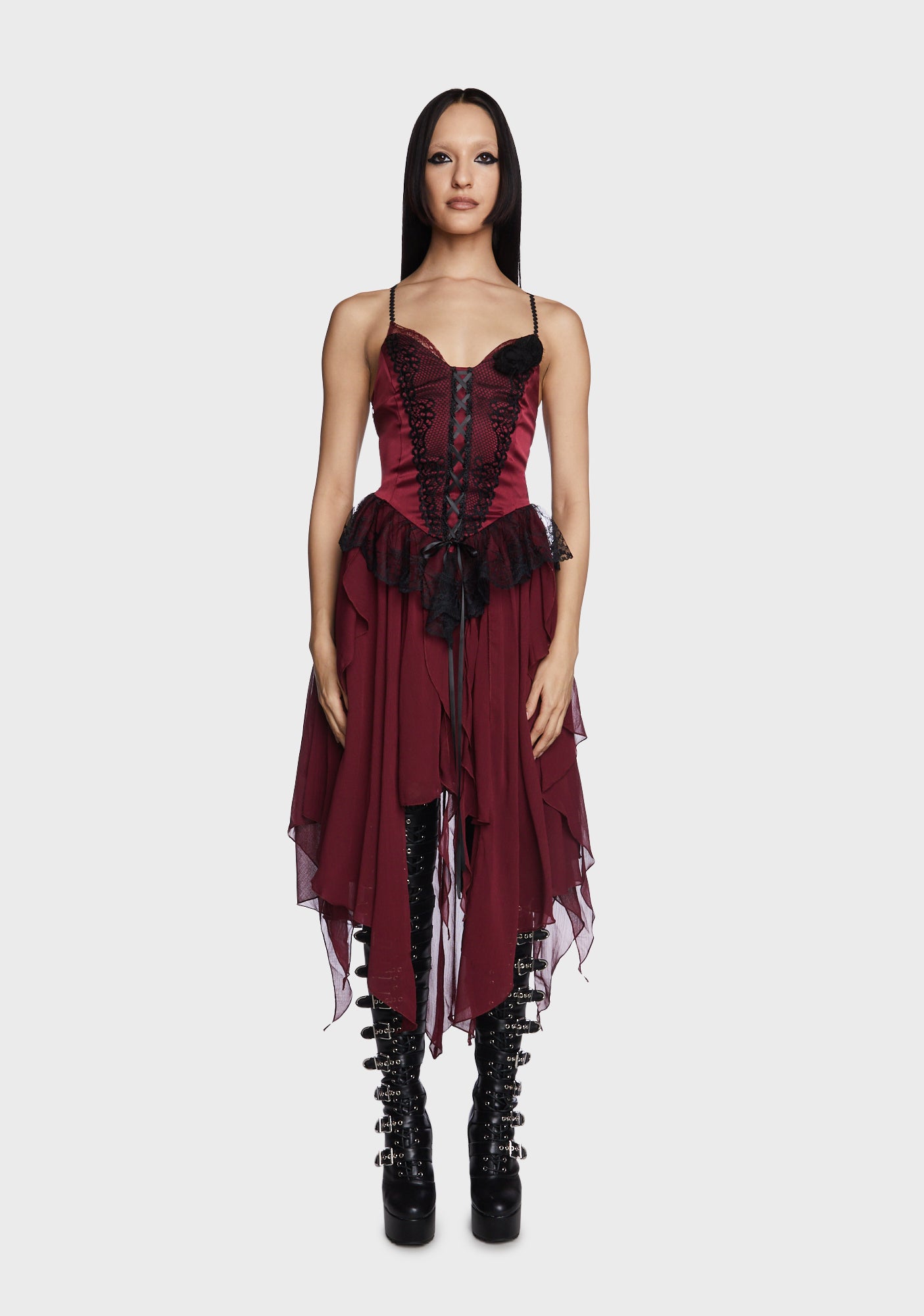 Dark In Love Lace Up Asymmetrical Dress - Red Dolls Kill Dark In Love Lace Up Asymmetrical Dress - Red Dolls Kill