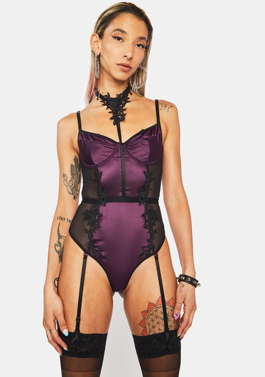 Satin Mesh Lace Teddy With Garter Straps - Purple  Dolls Kill